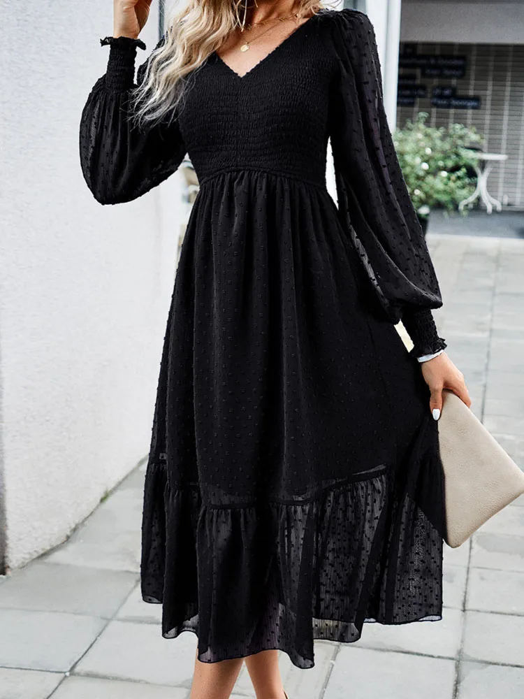 

Autumn Jacquard Long Dresses Women Lantern Sleeve V Neck See Through Dress Lady Elegant Retro Casual Holiday Female Dress