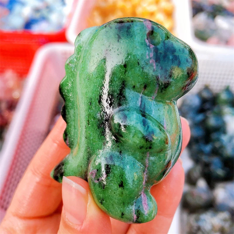 Natural Ruby In Zoisite Dinosaur Carving Healing Animal Figurine Gemstone Crafts Home Decoration Gift