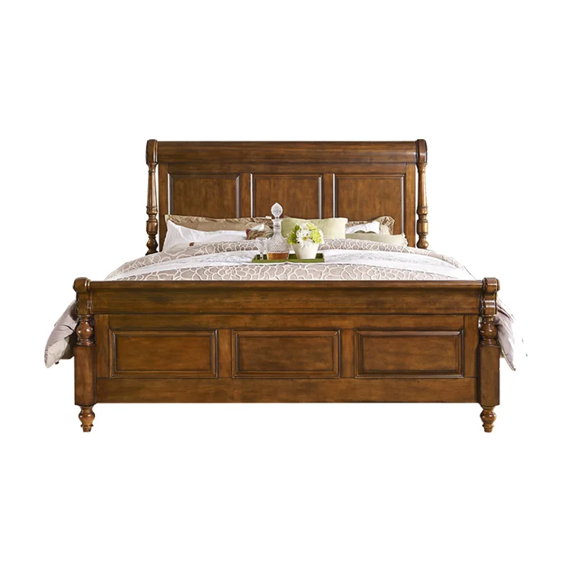 

2023 Factory Wholesale American Classic Vintage Wooden Bed Simple Carved 1.8m king Size Antique Solid Wood Sleigh Bed