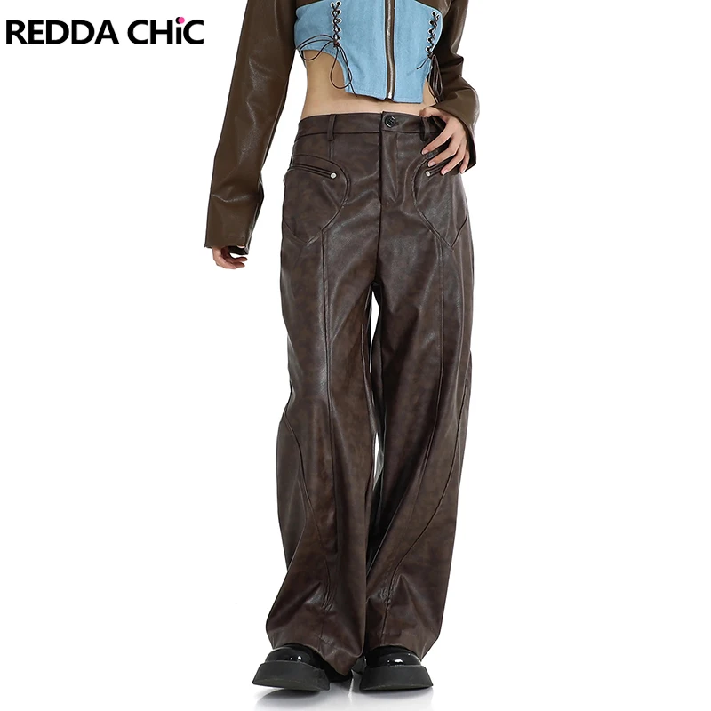 REDDACHIC Brown Leather Wide Leg Pants Men 90s Retro Distressed Draped Loose Straight Casual Pants Minimalist Korean Streetwear