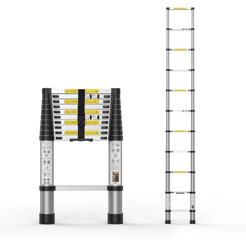 Escada telescópica 12,5 pés, escadas de extensão, retração de um botão, escada dobrável de alumínio, design lento