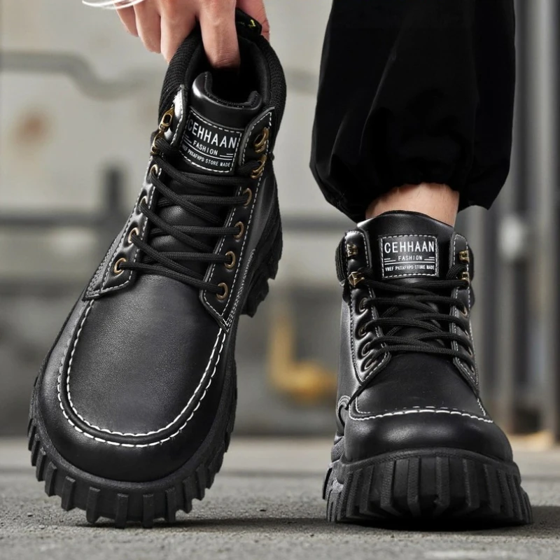 

Мужские кожаные однотонные рабочие ботинки средней высоты в стиле ретро, прочные высококачественные рабочие ботинки на шнуровке большого размера, модные и универсальные на плоской подошве