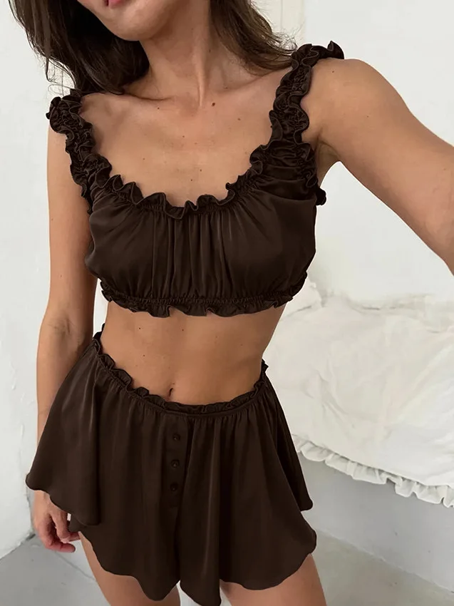 

Sexy Fashionable Satin Color Underwear Shorts Pajama Set Home Clothes Two-Piece Set Comfortable Breathable Summer Sleepwear
