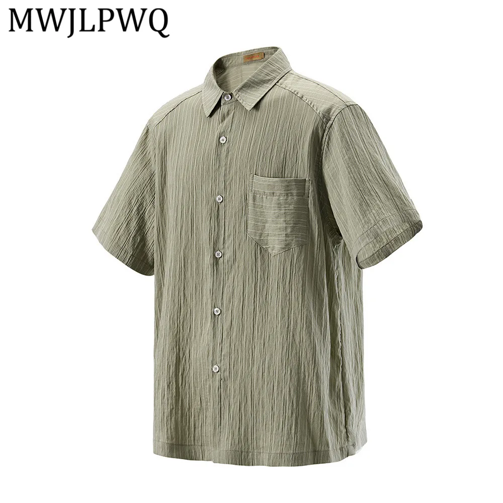 

MWJLPWQ Мужские рубашки с вертикальными полосками и текстурой, свободного кроя, с короткими рукавами, однотонные, универсальные повседневные топы, летняя коллекция 14809