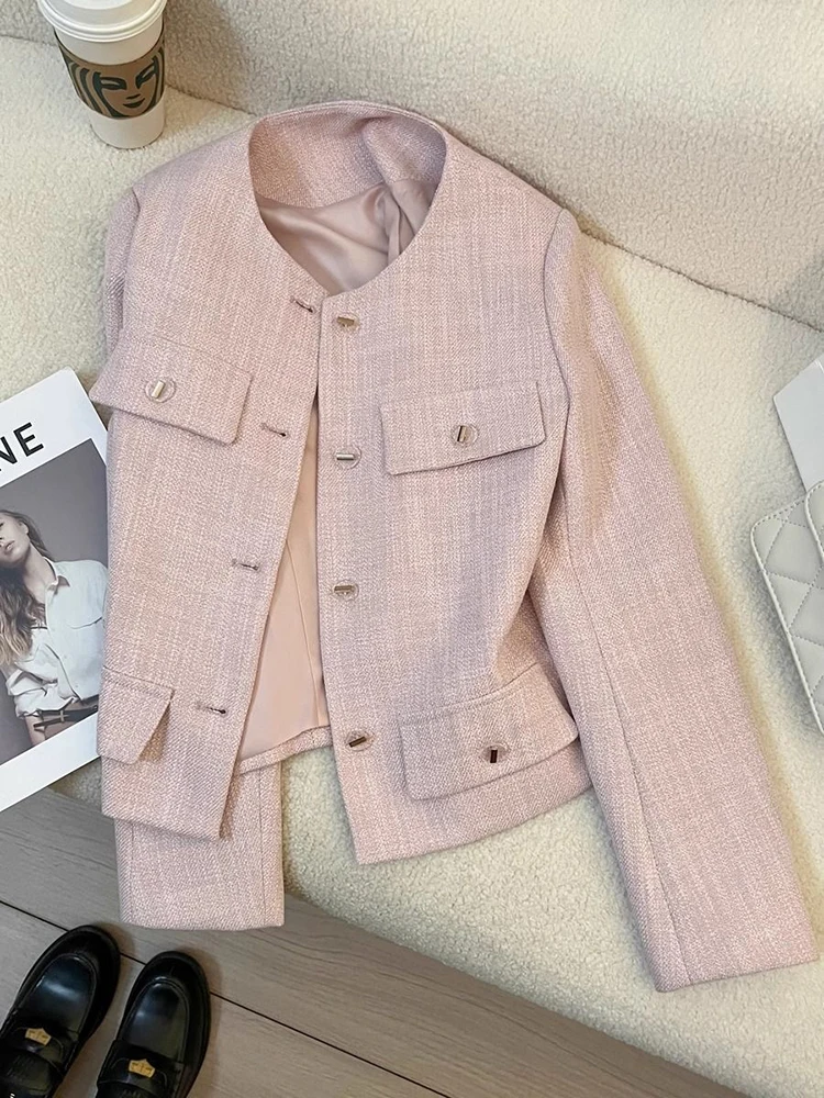 Pink Elegant Blazers Women Long Sleeve Button French Office Lady Suit Coats Spring Small Fragrance Female Simple O Neck Jacket