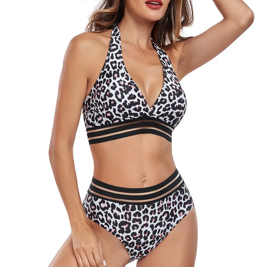 Sports Swimsuit with Chest Pad Women's Leopard Print Split Sexy Bikini