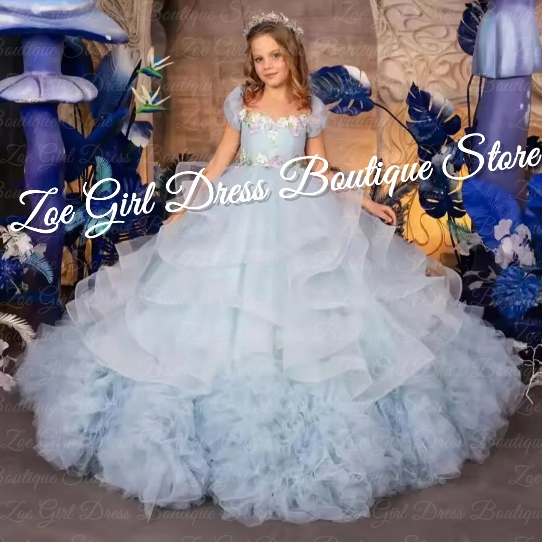 

Blue Luxury Flower Girl Dresses for Wedding Floral Appliques Ruffles Ball Gown Floor Length Beaded Baby Girl Birthday Ball Gowns
