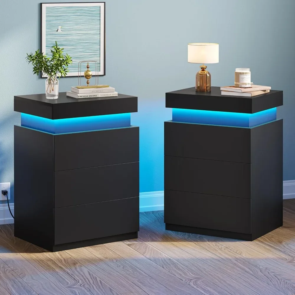 LED Nightstands Set of 2,Night Stands for Bedroom Set of 2,Nightstand with Charging Station and Sliding Top,Bedside Table