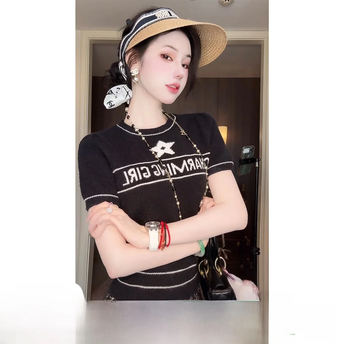 

Syqiao Lucky Star Early Autumn Knitted Short Sleeve T-Shirt Women's Fashionable Casual Style Letter Print Slim Fit Sweater