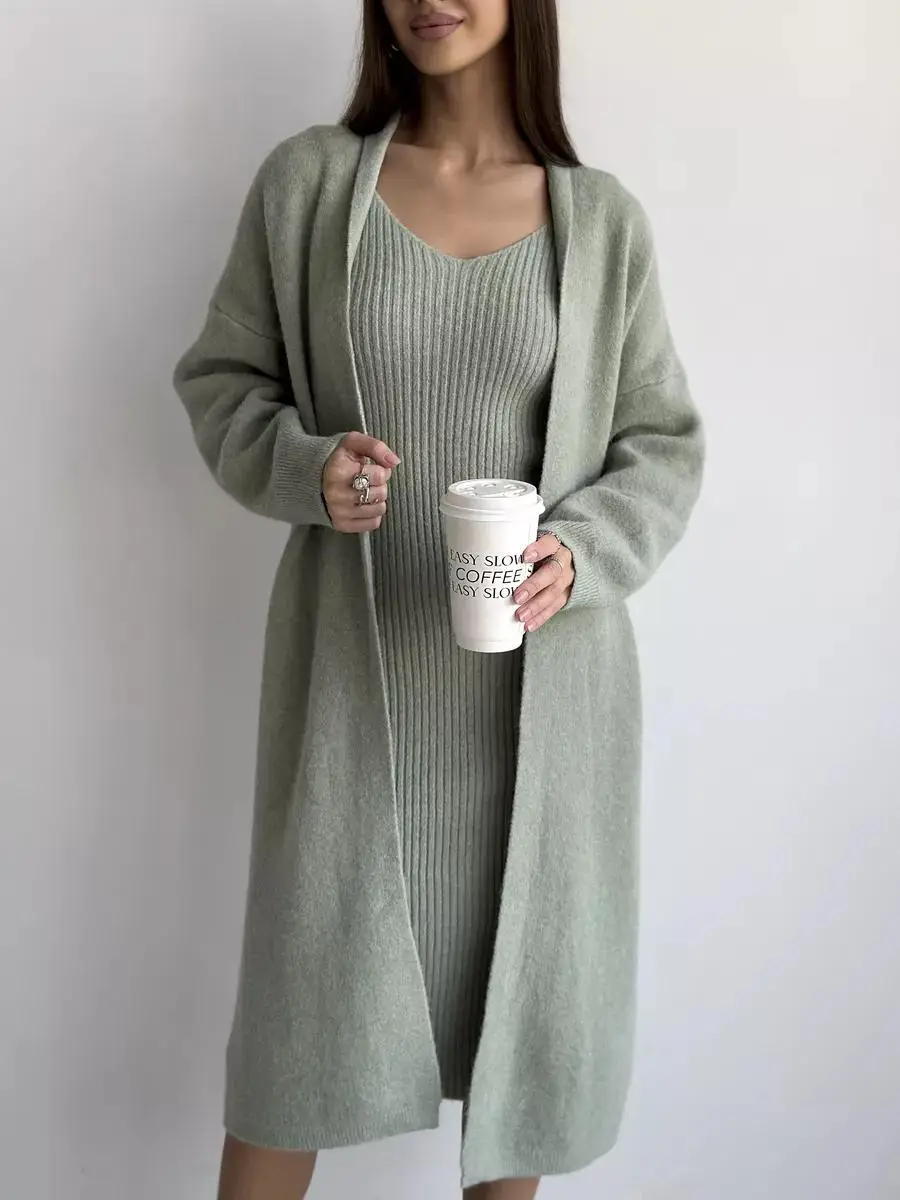 

Elegant Wrap Skirt V Neck Design Polyester Blend Comfortable Autumn Wear Fashionable Long Sleeve Knitted Dress Two Piece Set