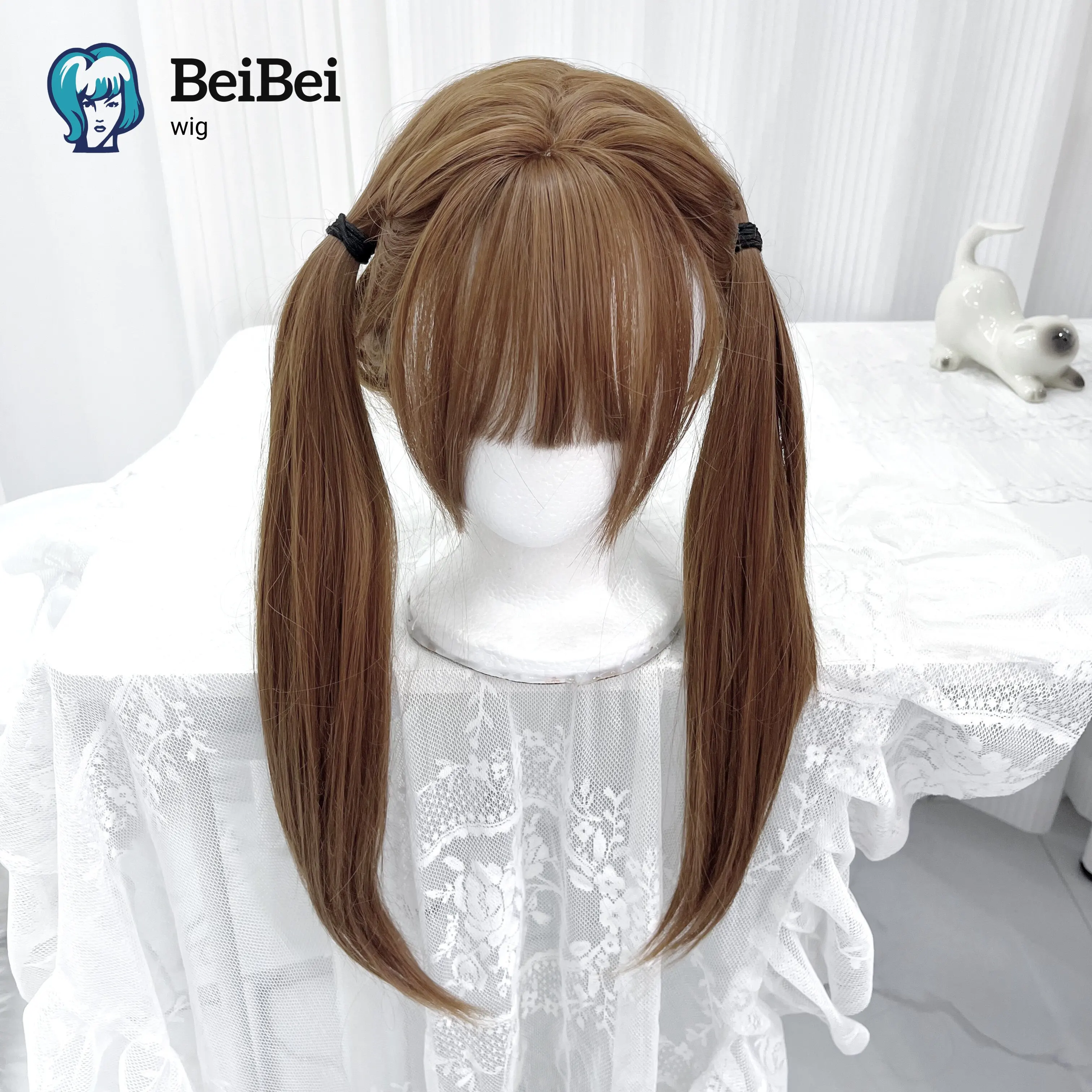 Lolita Light Orange Brown Long Straight Synthetic Wigs with Bangs 24Inch Long Straight for Girls with Heat Resistant in Paty Use