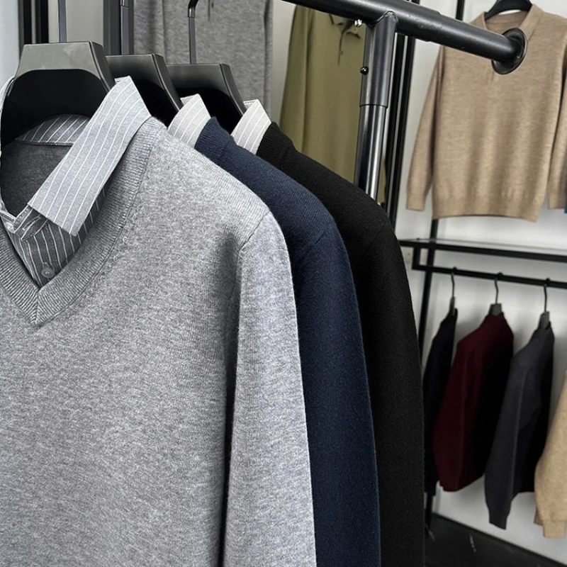 سترة رجالية مكونة من طبقتين، هيكل محبوك بياقة قميص، ألياف صوف ميرينو الأسترالية المخلوطة، مكتب الأعمال #5