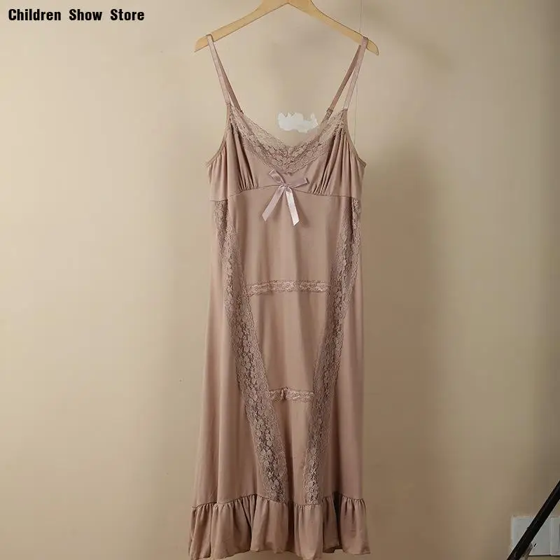 

Summer New Nightdress for Lady Sexy Lace Floral Trim Home Dress Women Elegant Ice Silk Lingerie Nightgown Loose Sleepwear