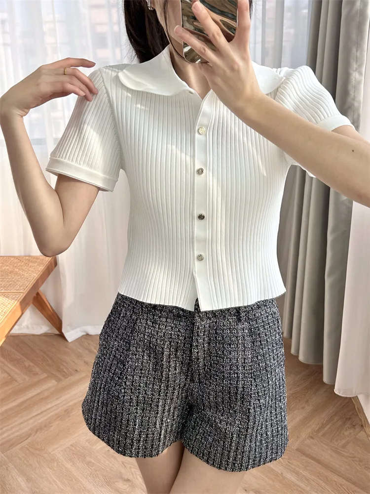 Women White Cardigan Single Breasted Turn-down Collar Short Sleeve Simple 2024 Summer Knitted Sweater