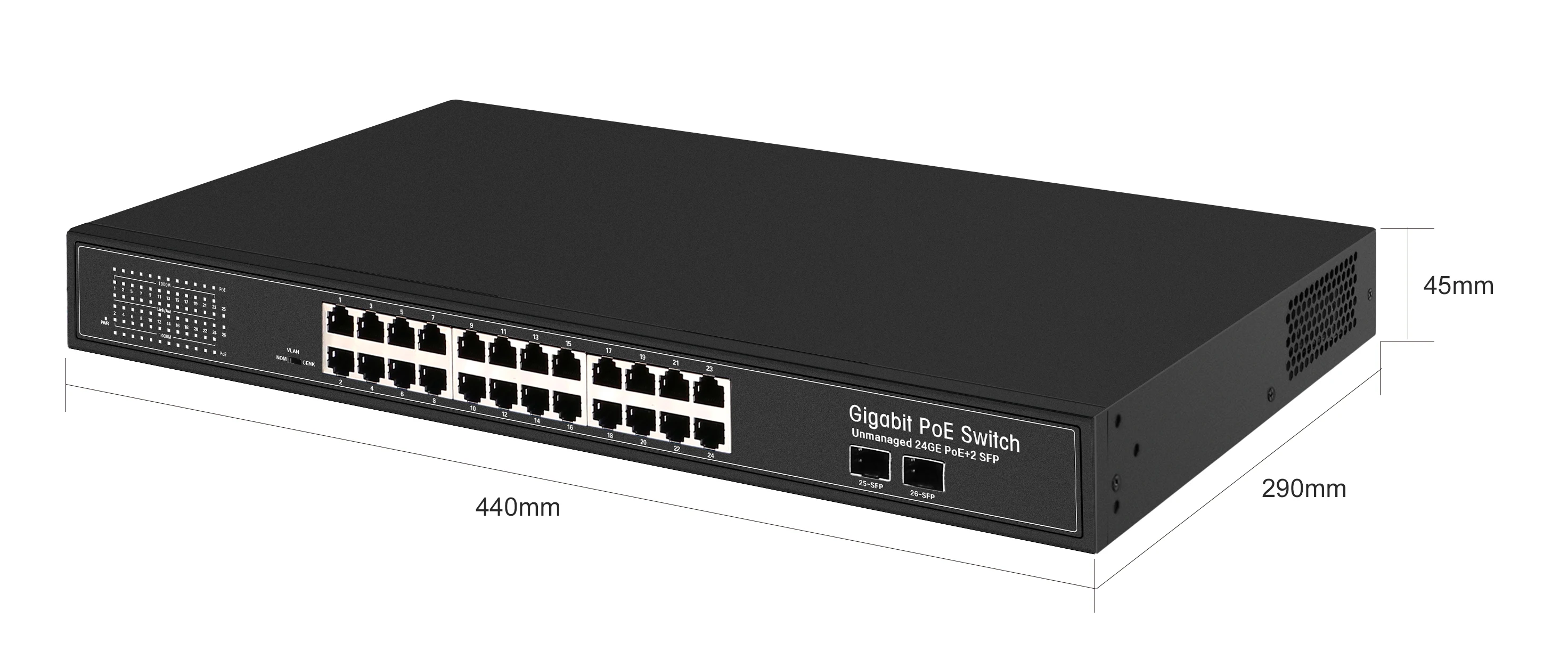 Wanglink Unmanaged Switch 24 พอร์ต 10/100/1000Mbps PoE Rack Mount PoE Switch