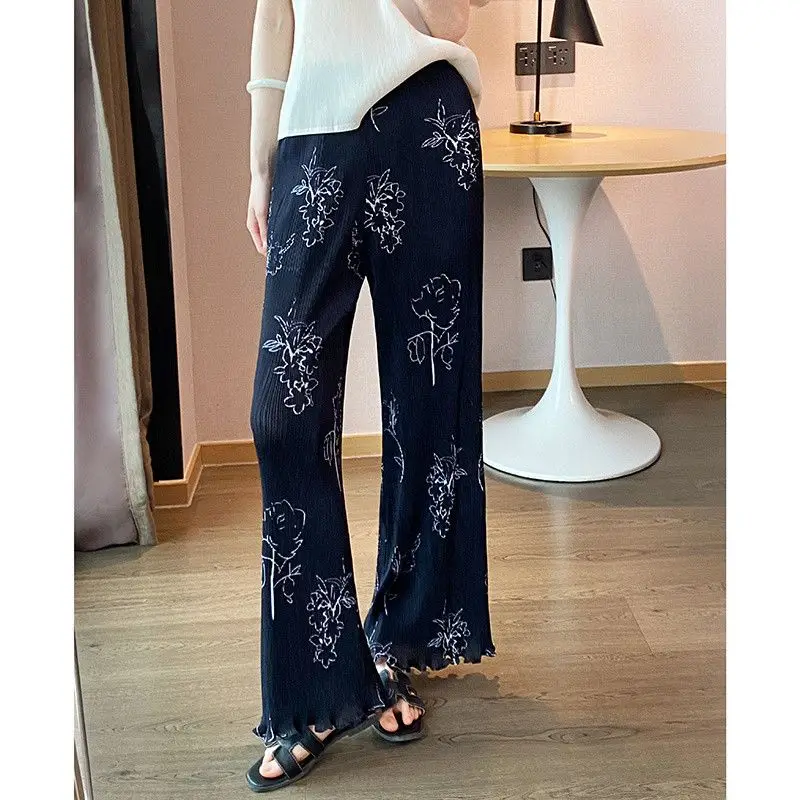 Folded versatile casual pants children's niche design straight printed trousers high waist thin drape wide