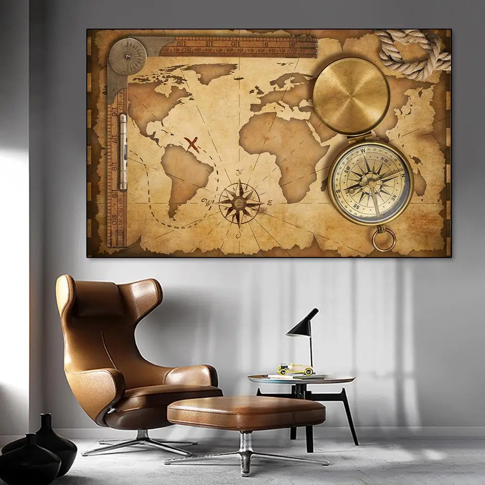 Pinturas en lienzo de mapa del mundo Vintage, impresiones de brújula, ilustraciones, carteles de pared nórdicos, imágenes, decoración del hogar