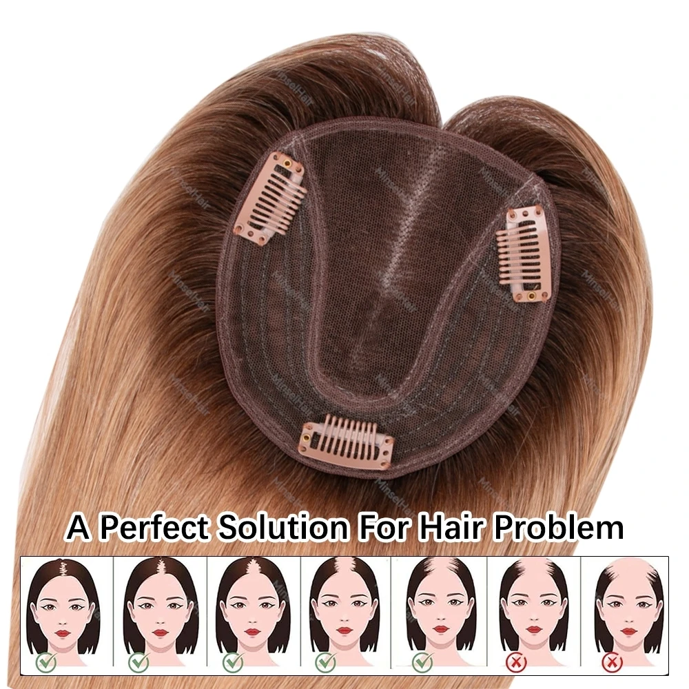 Toppers de cabelo humano castanho, clipe natural real em postiços 5x5 polegadas mono base grande 46g tecido à mão 12 polegadas 30cm para