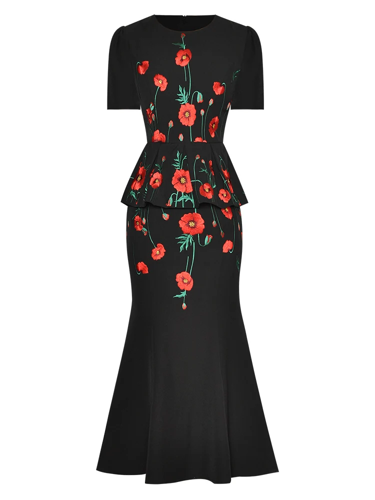 

High Quality Women'S New Summer Round Neck short-Sleeved Embroidered Pink Black Vintage Elegant Sexy Fashion Midi Mermaid Dress