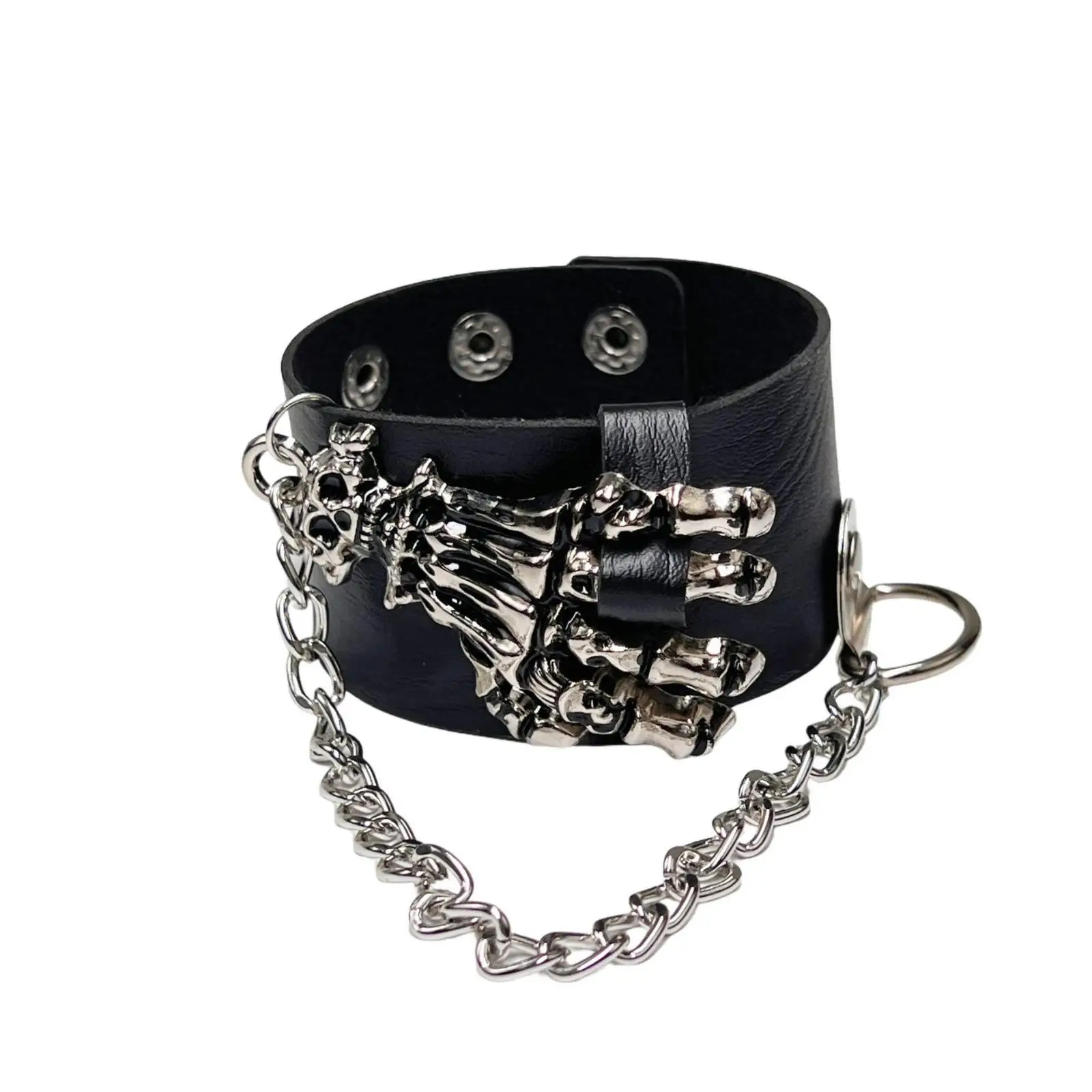 Gothic Punk Cuff Bracelet for Women Men Skeleton Hand PU Leather Wrist Chain with Metal Links Wide Arm Cuff for Daily Wear