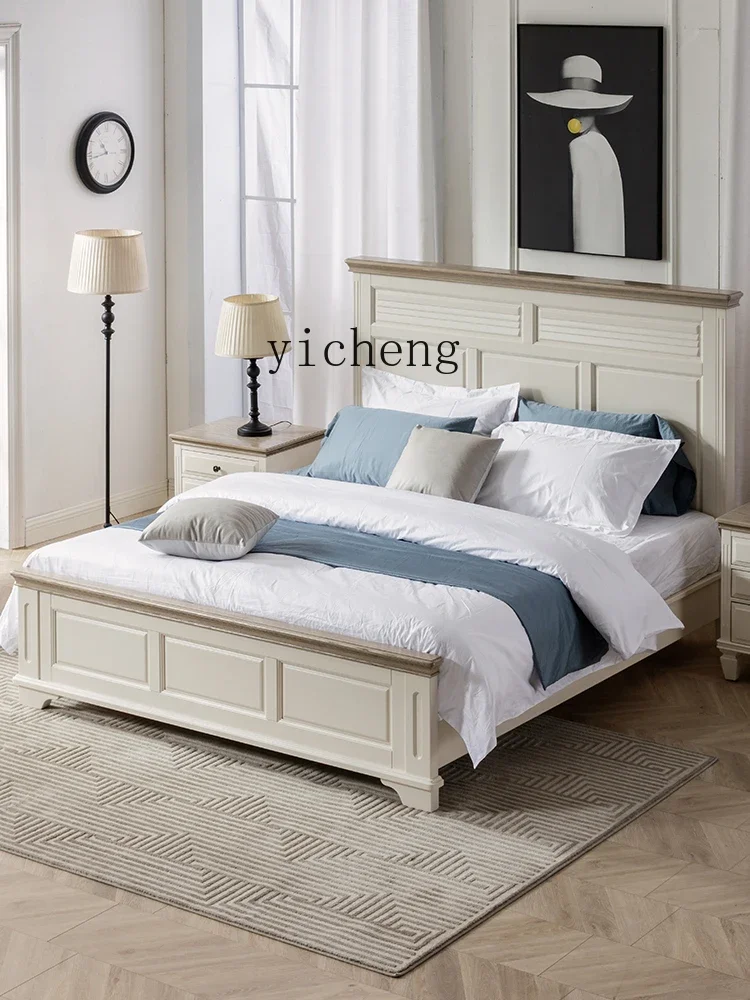 L13 American Pure Solid Wood Bed White Pastoral Style Double Bed Vacation Home