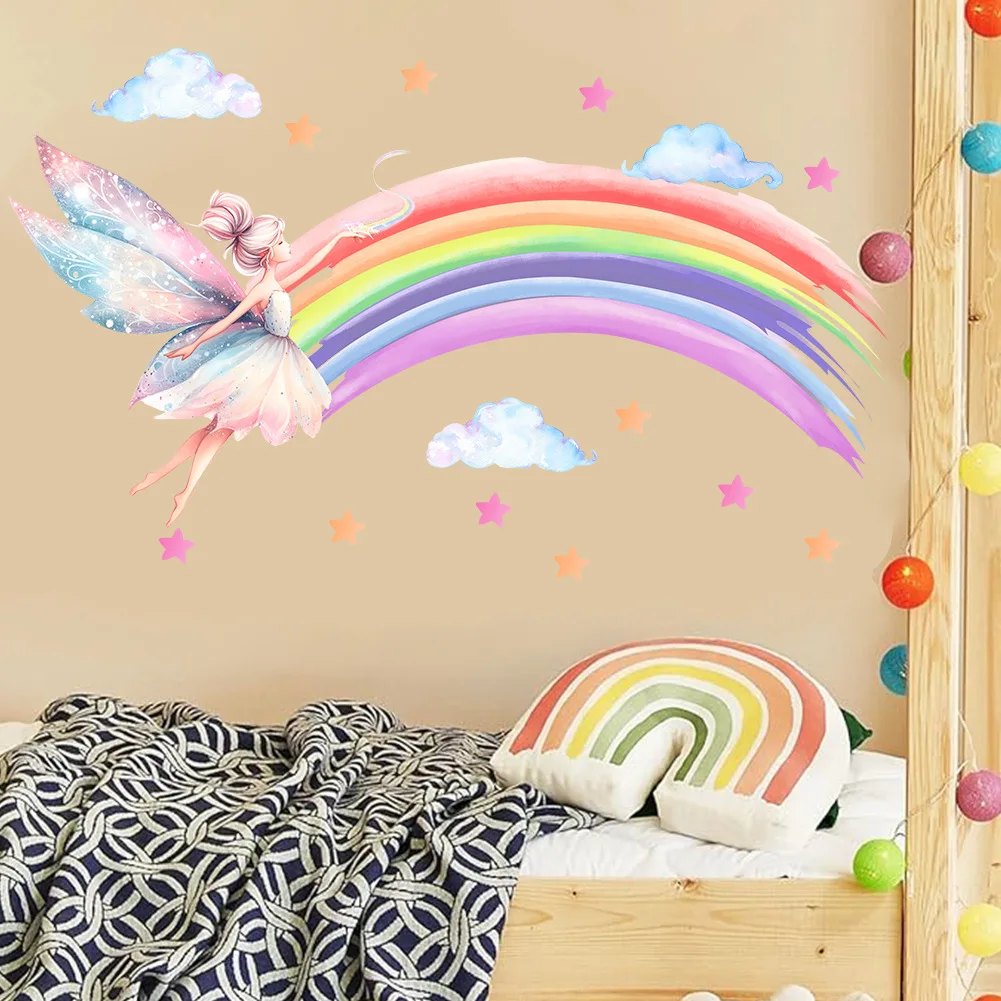 Cartoon Elf Girl Rainbow Wall Sticker Girls Room Cloud Elf Wall Sticker Children\'s Bedroom Decor Wallpaper Self-adhesive Decals