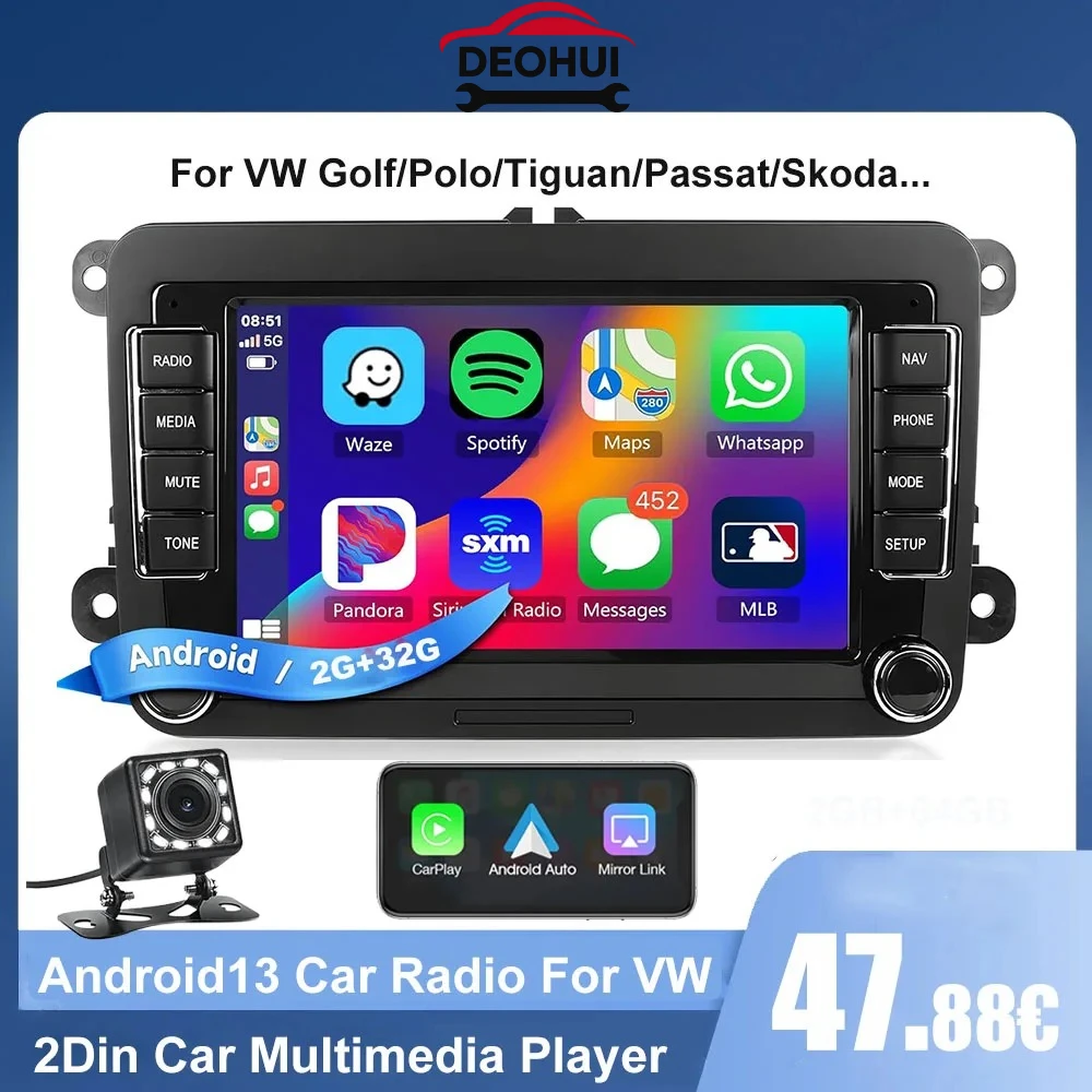 Автомобильный радиоприемник 2DIN Android для VW Passat Golf MK5 MK6 Jetta Polo Touran, беспроводной Carplay Android Auto, 7-дюймовый мультимедийный плеер, камера