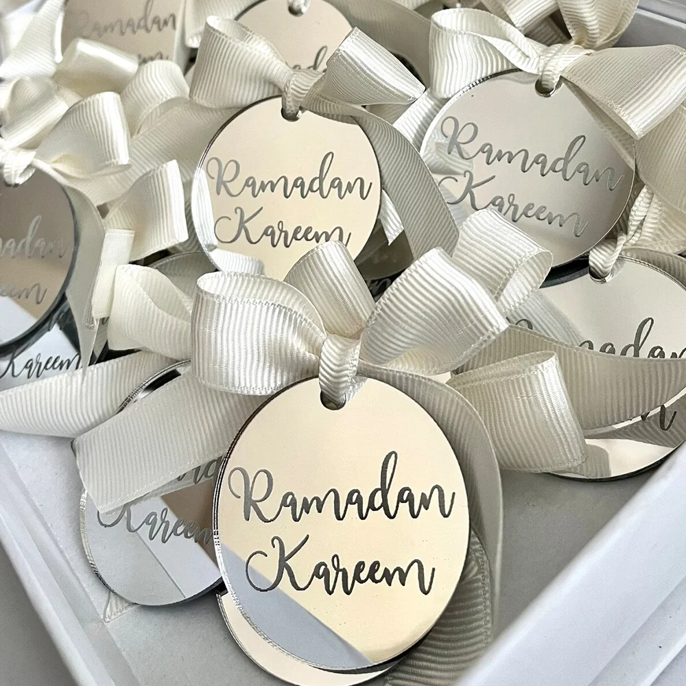 5 Stück Ramadan Kareem Silber Spiegel Acryl Tags mit weißem Band Schleife Eid Mubarak Geschenkverpackung Zubehör muslimische islamische Lieferungen