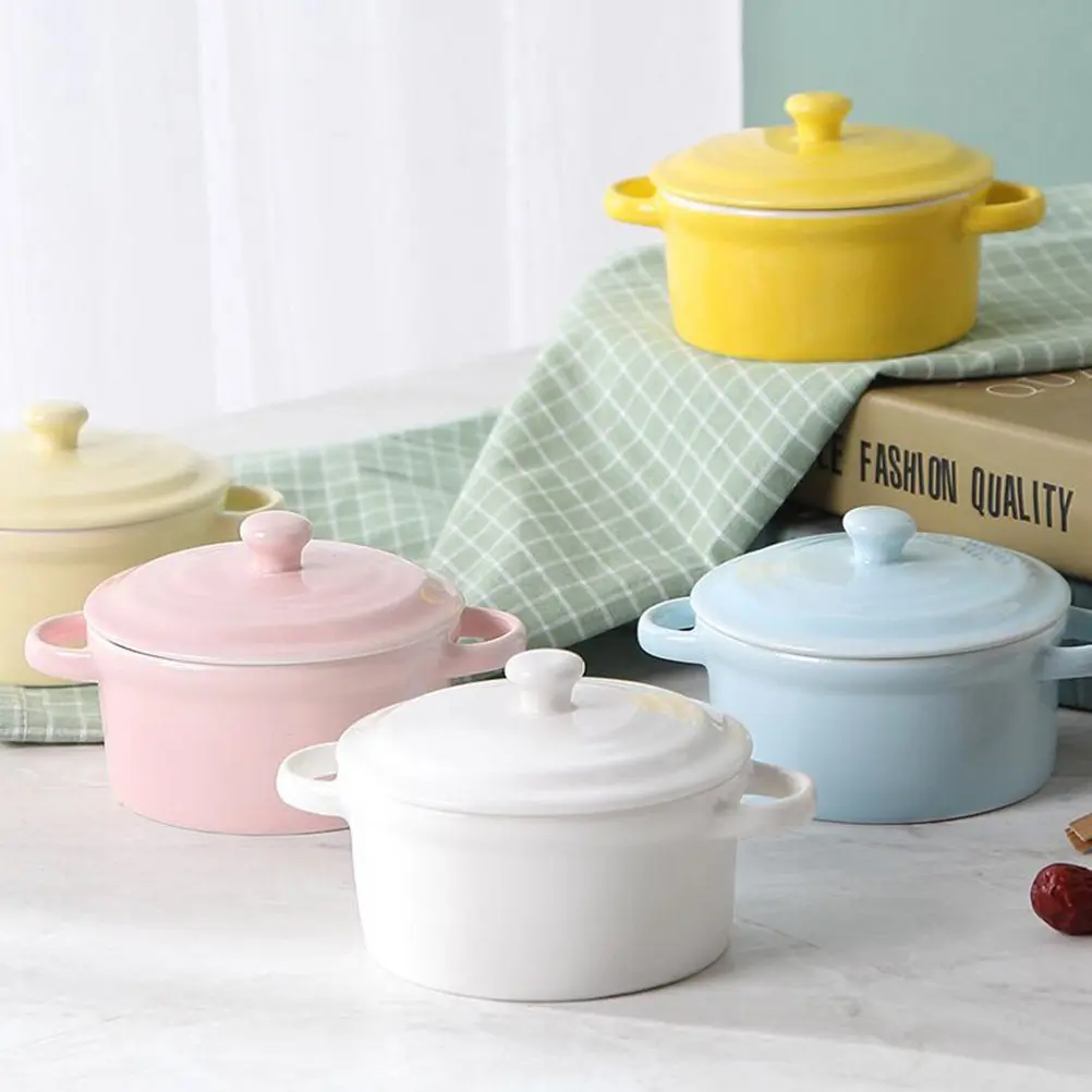 

200Ml Ceramic Baby Feeding Bowl Double Handle Soup Rice Container with Lid Microwave Oven Steamer Safe for Egg Custard Pudding