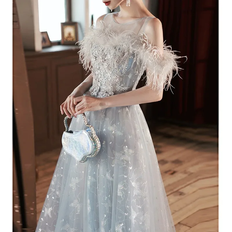 Vestidos de graduación sin mangas con tirantes para mujer, apliques de plumas, faldas con cordones para banquete, vestido de fiesta de noche de una