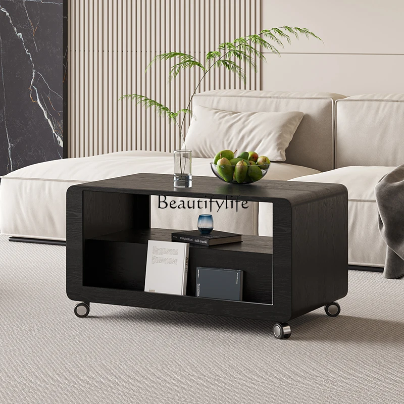 

*Solid wood coffee table, black wheeled movable trolley in living room, side table for storage