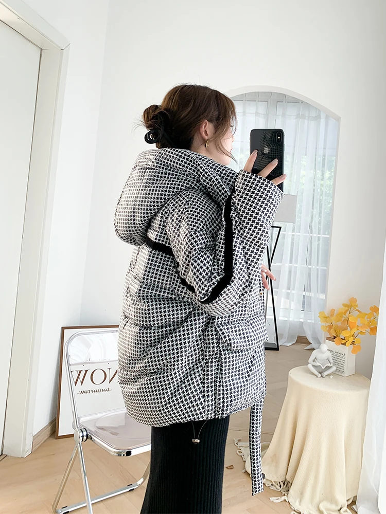 New Houndstooth Hooded Tops Women Winter Coats Oversized Puffy Warm Outerwear White Duck Down Jackets Warm Vintage Coat Female