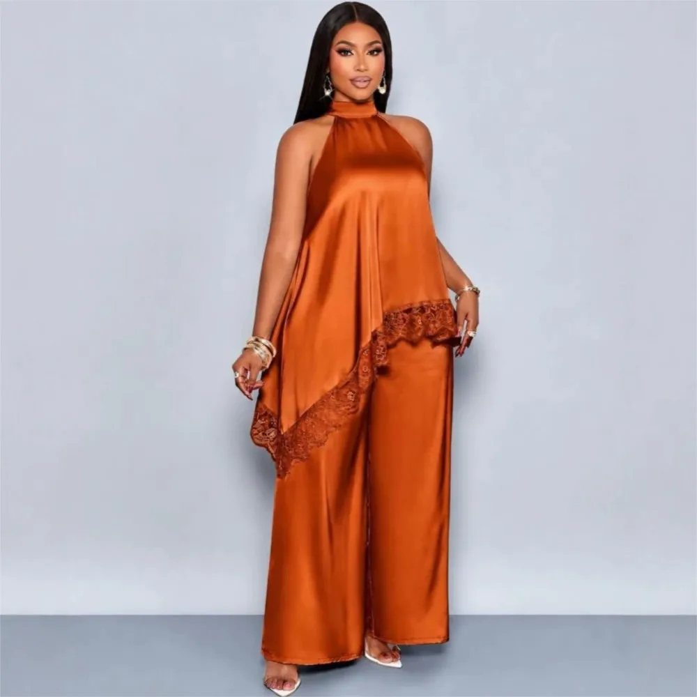 Women Solid Satin 2 Piece Set Halter Neck Sleeveless Asymmetrical Lace Trim Top High Waist Wide Leg Pants Summer Fashion Suit
