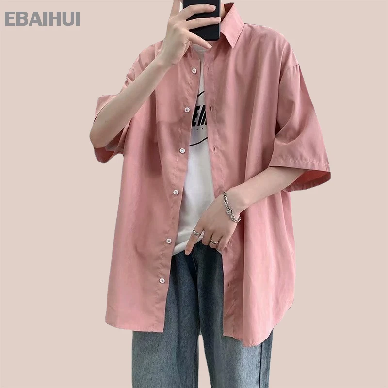 EBAIHUI Men's Solid Color Shirts Summer Fashion Short Sleeve Couple Shirt Coat Casual Handsome Oversized Tops Male Clothing