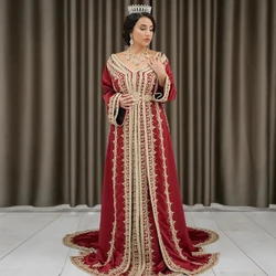 Red Moroccan Caftan Formal Evening Dresses A-line Long Sleeves Appliques Prom Dresses Arabic Party Dresses Customized