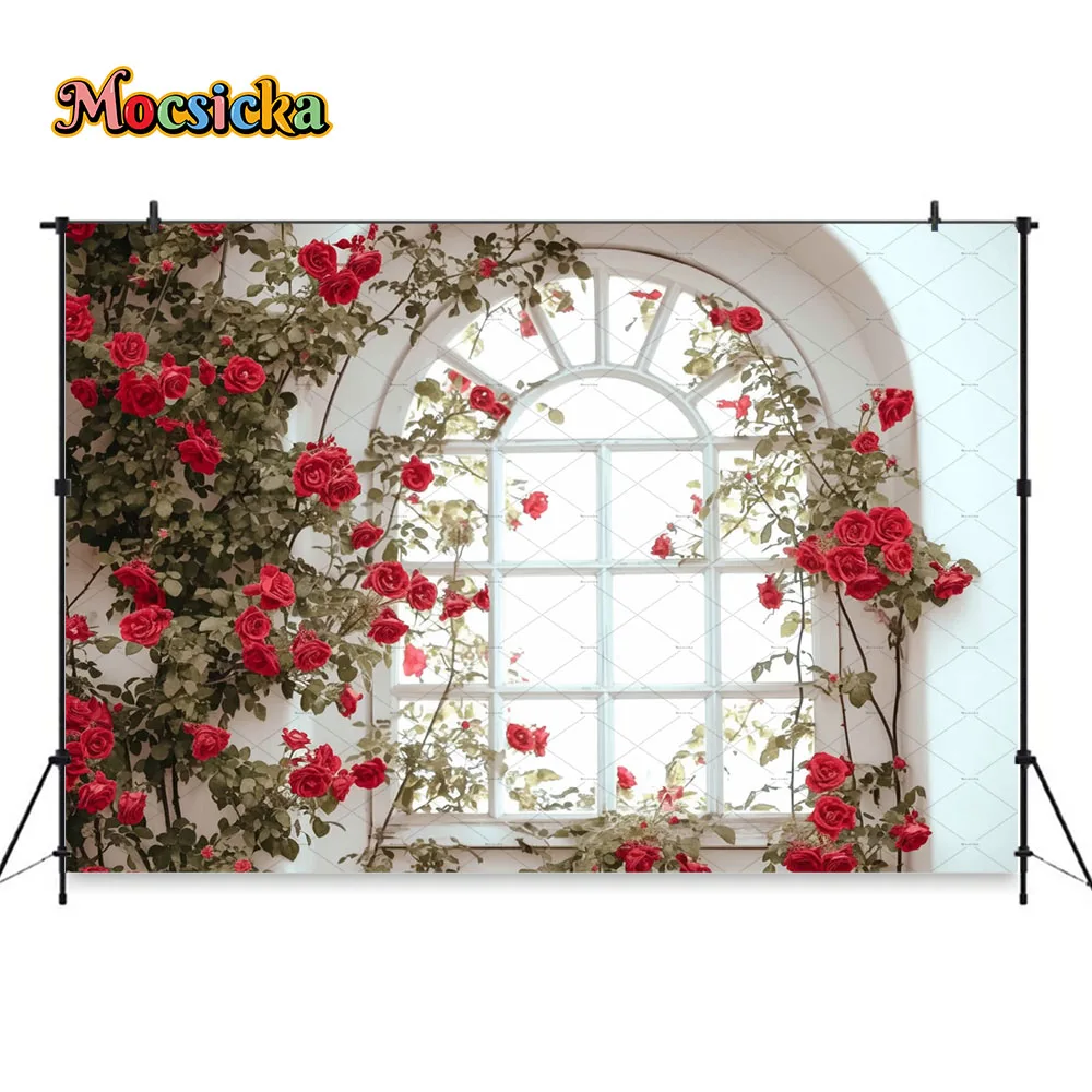 Mocsicka Fondo de pared de flor rosa roja fotografía Día de San Valentín ventana telón de fondo decoración niña cumpleaños boda estudio fotográfico