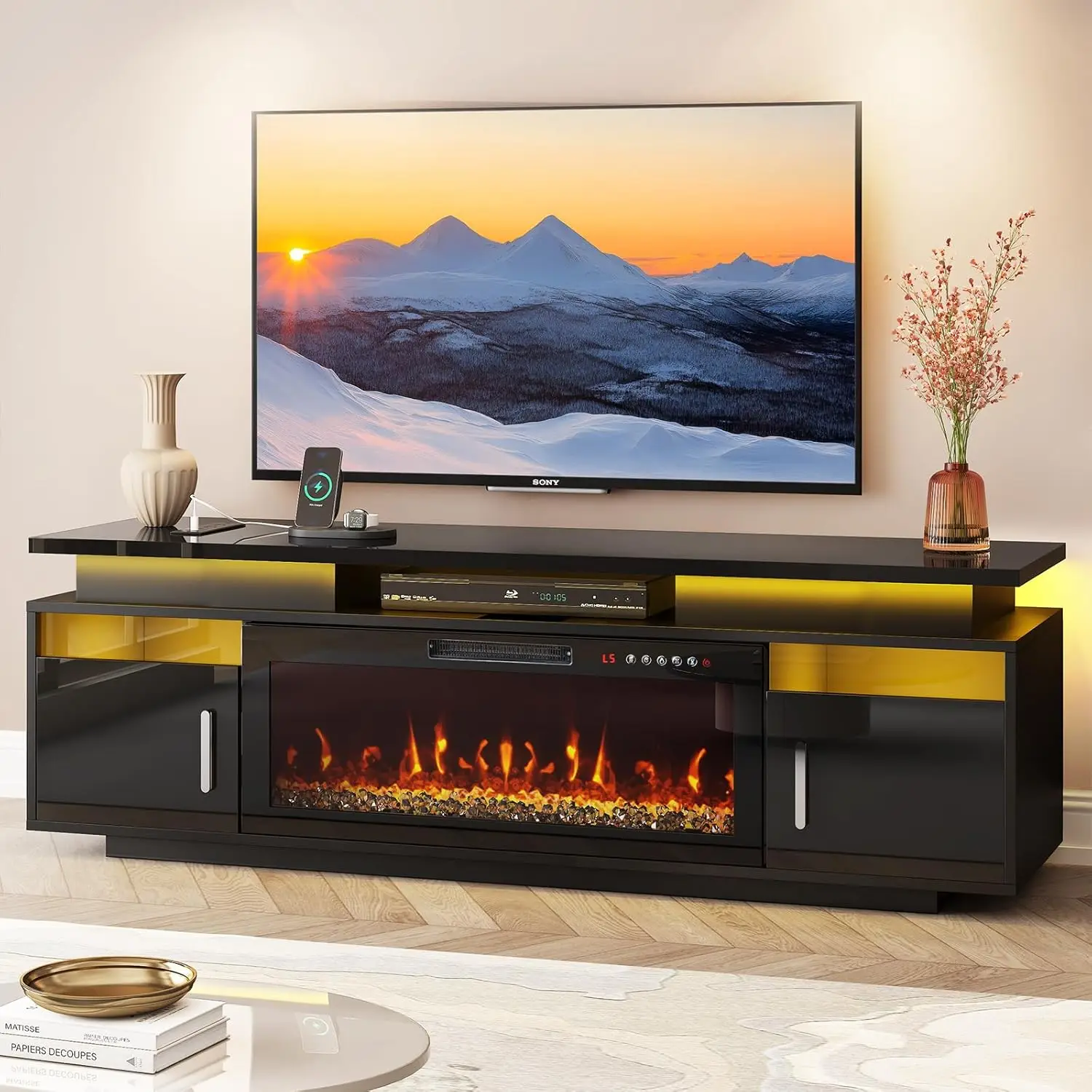 

TV Stand with Fireplace, 67in Entertainment Center with Opening Shelves Modern Storage Cabinets and LED Lights, for 80 Inch TVs