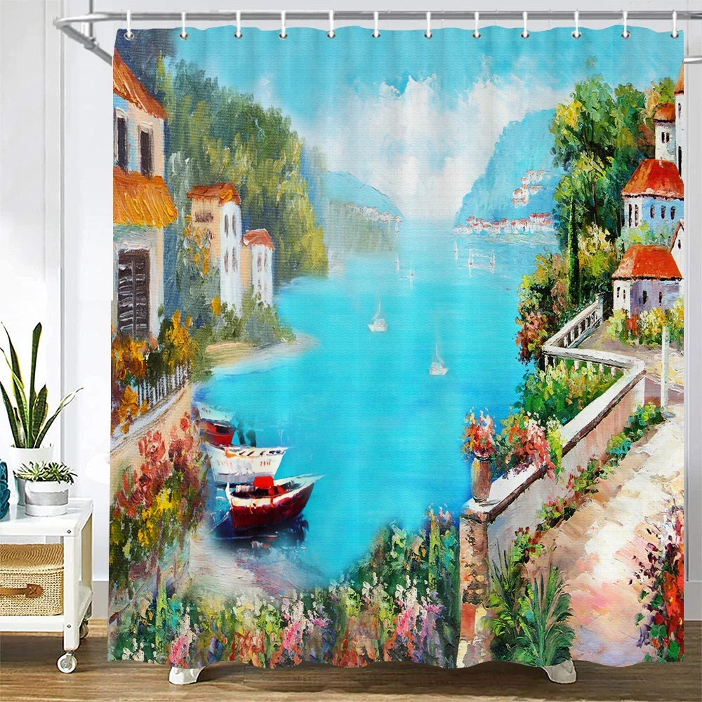 

Natural landscape Shower Curtain Decor Waterproof Fabric Bathroom Curtains Painting Forest Seaside Scenery Bath Screen with Ho