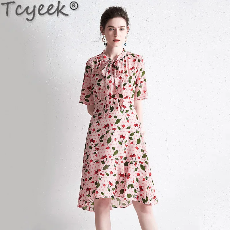 100% Tcyeek Mulberry Real Silk for Women Spring Summer Clothes Lace-up Elegant and Pretty Women's Dresses Short Sleeve