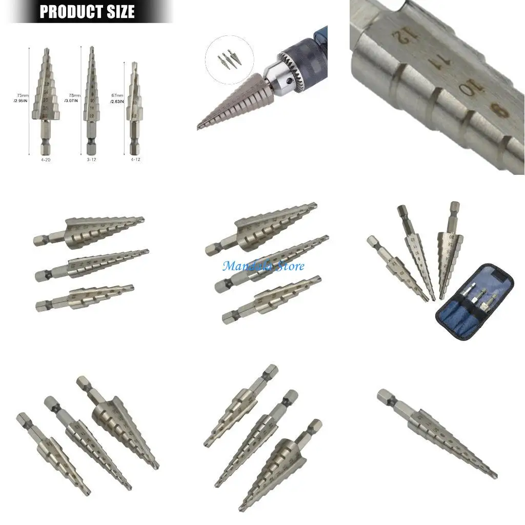 

U2JC Pack of 3 Durability Step Drill Bit Set Hole Cutter Features Shank