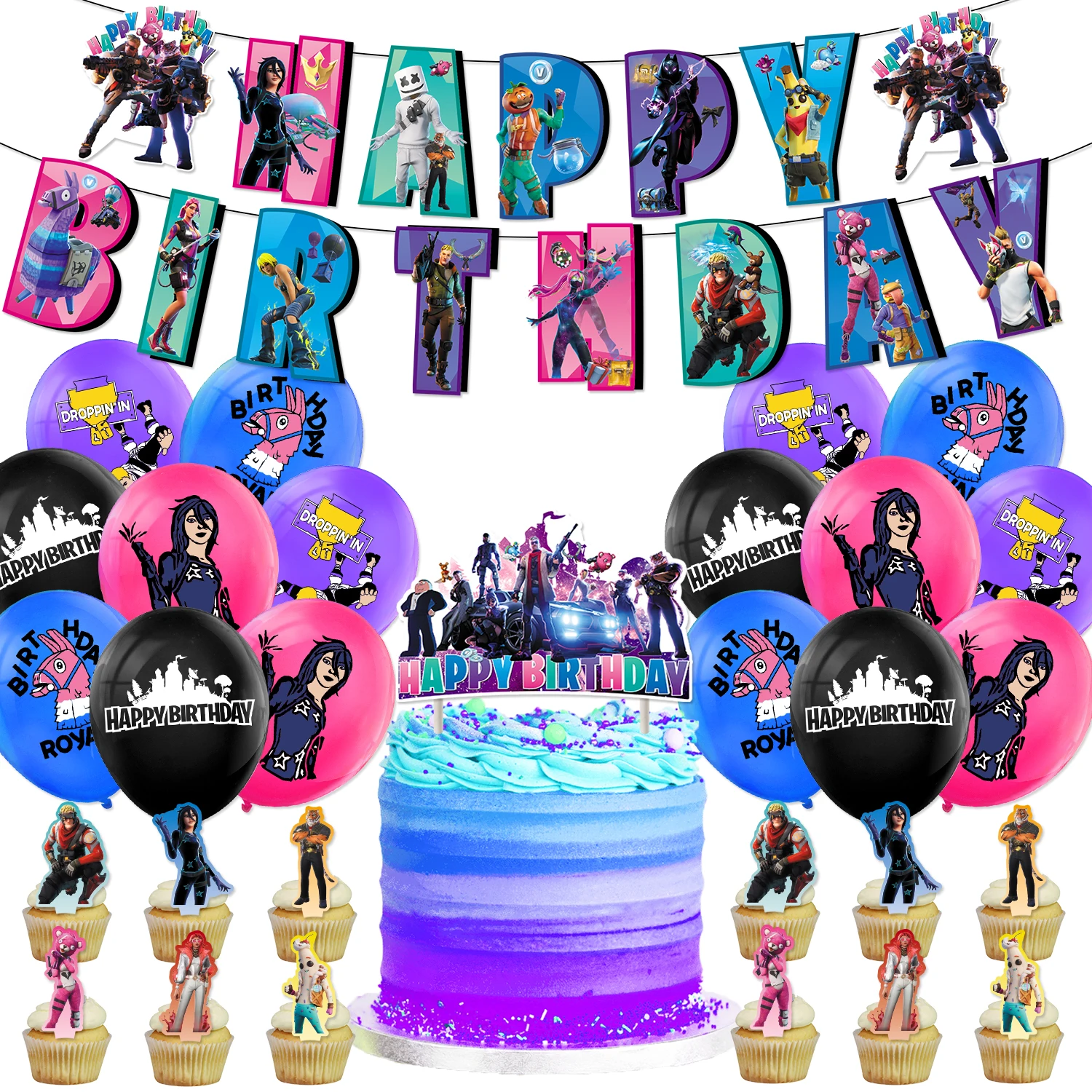 Game Fortnite Birthday Party Decoration Background Alpaca Llama Balloons Cupcake Topper Banner Portrait Photography Props Gifts view 2