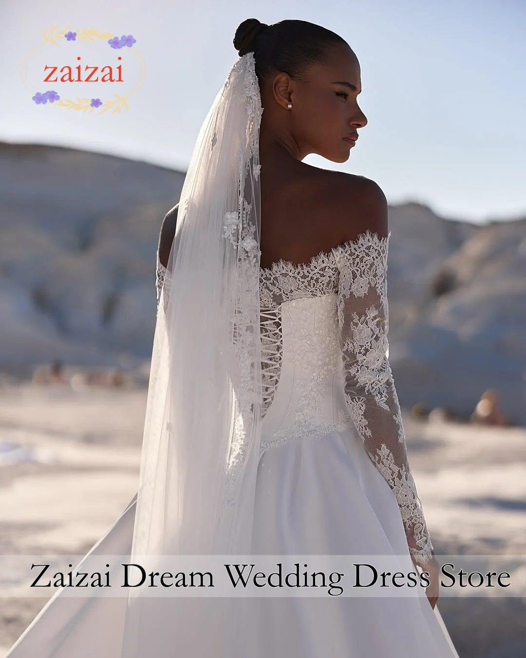 Customzied Wedding Dress Off the Shoulder Long Sleeves Lace Satin A-line Bride Gowns Bridal Dresses Vestidos De Noiva