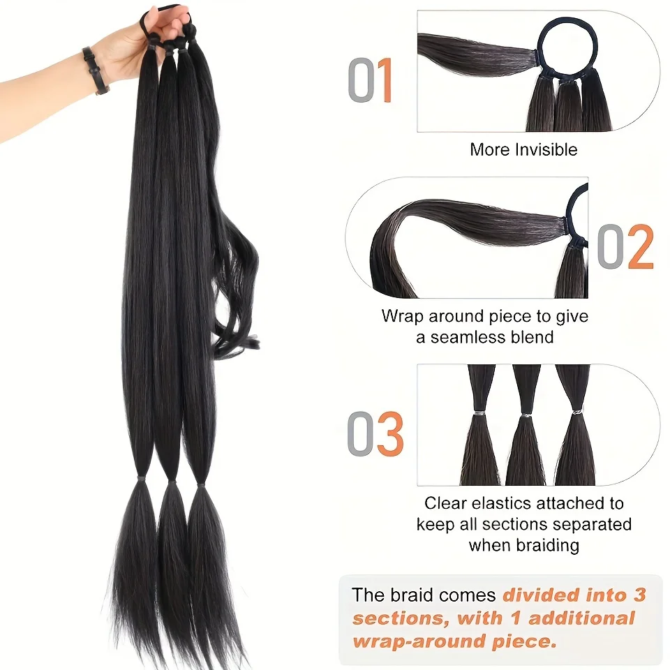 Extensiones de cola de caballo trenzadas sintéticas, banda de goma negra larga, cola de caballo con lazo para el pelo para mujer, fibra de alta temperatura