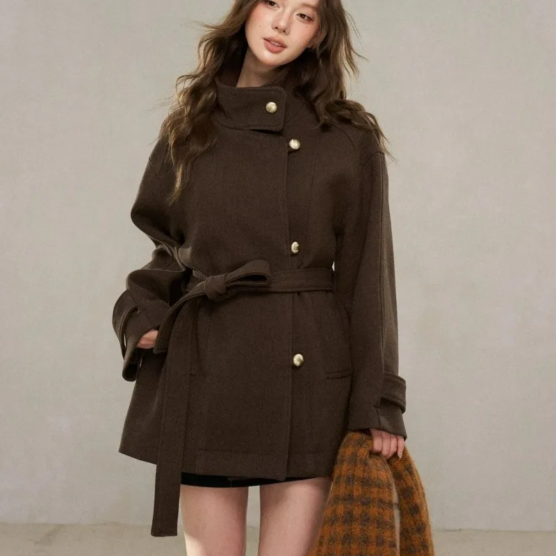 Trendy Retro High-end Stand-up Collar Woolen Coat Autumn Winter Lace-up Cinches Waist Slimming The Figure Stylish Brown Overcoat