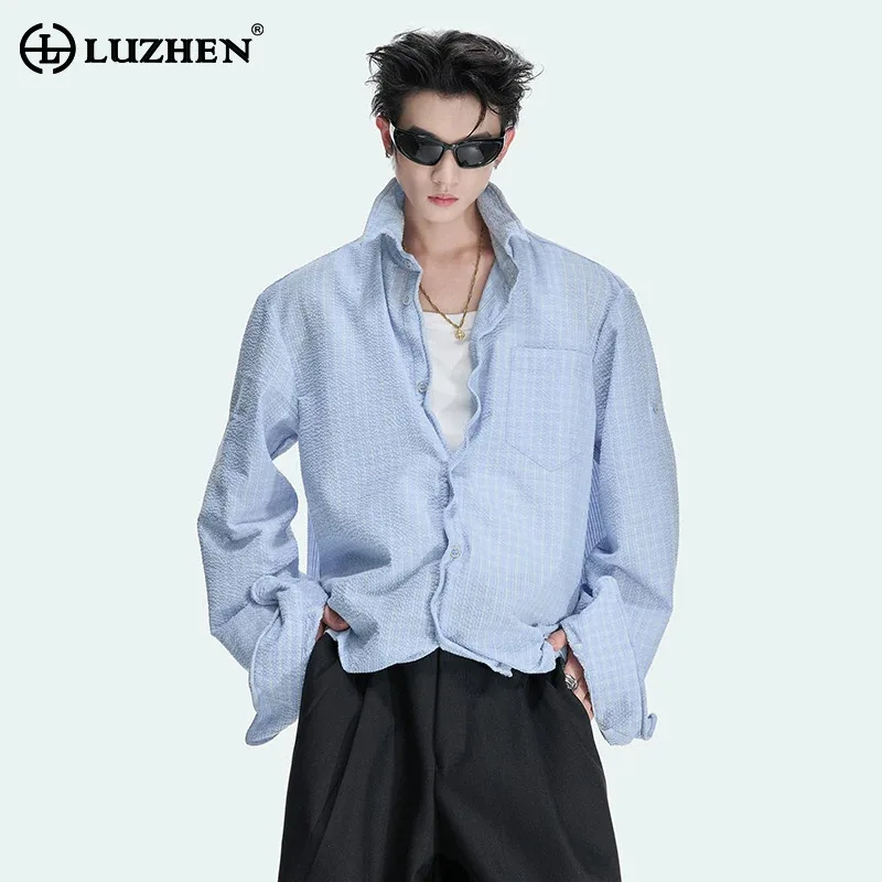 LUZHEN 2026 New Personalized Pleated Design Drawstring Plaid Printed Long Sleeve Shirts Men's Elegant Casual Male Tops JY8177