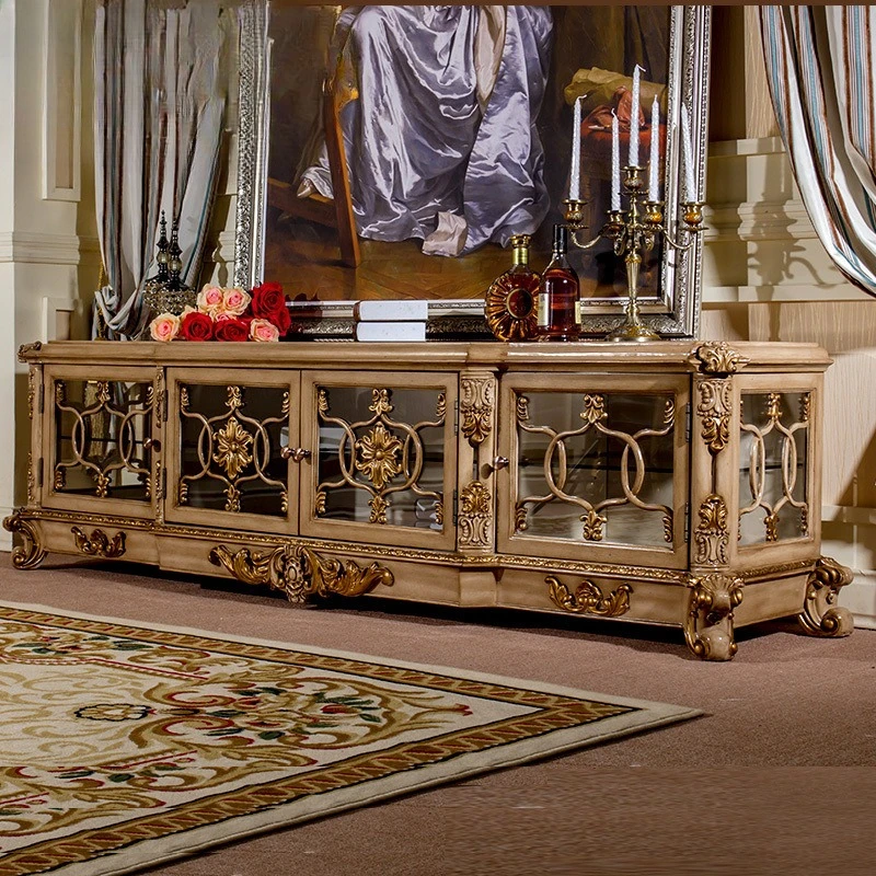 European living room furniture, solid wood carving flower four-door TV cabinet, French gold-painted hall cabinet