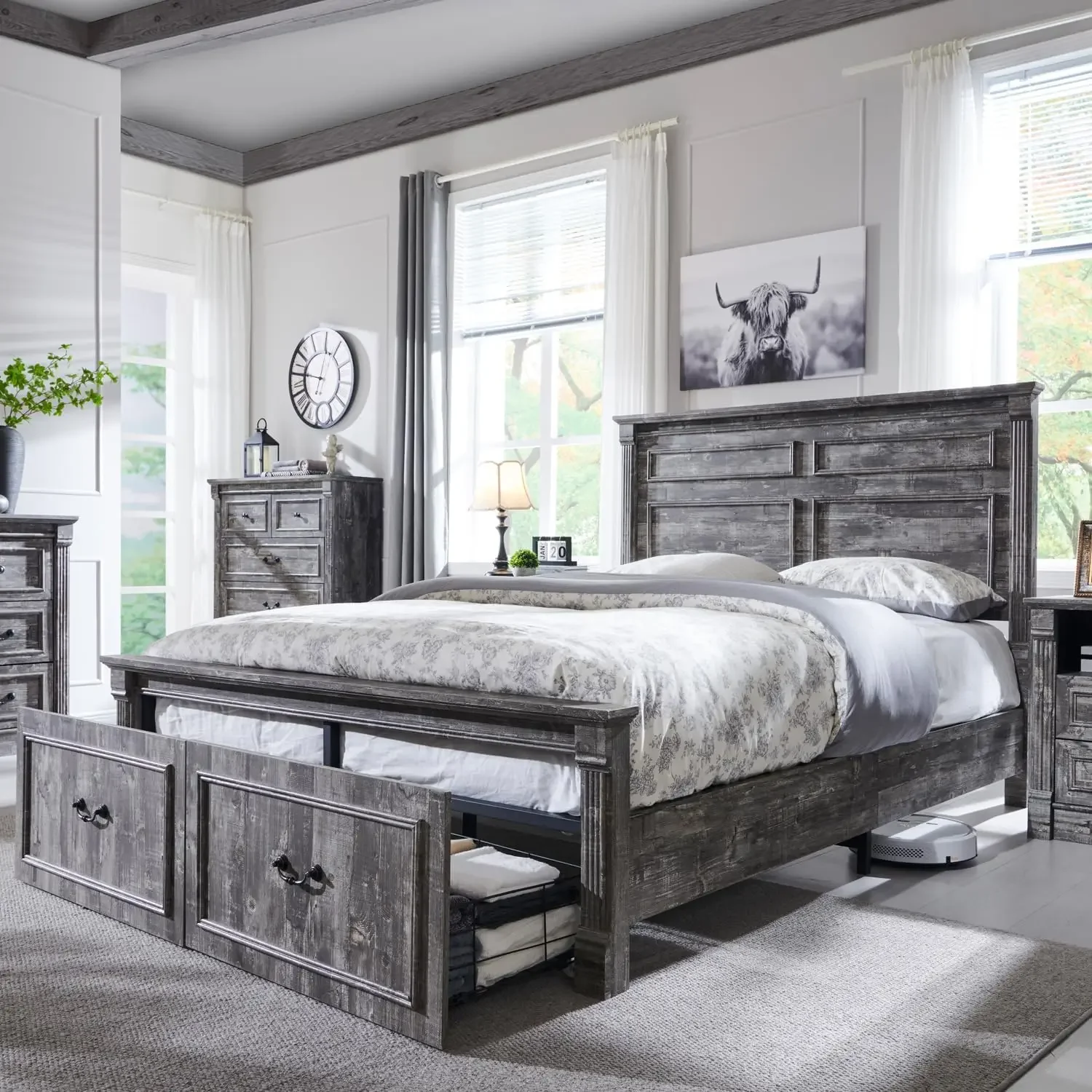 

Queen Size Bed Frame with 51" Tall Headboard, Wood Platform Bed Frame with 20" Tall Roman Column Decoration Footboard