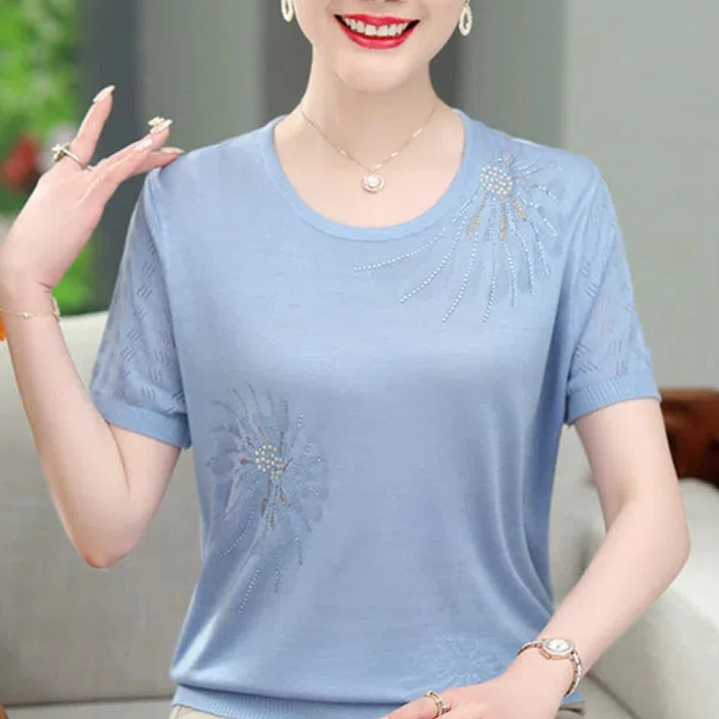 Simplicity Summer Women\'s Round Neck Solid Diamonds Ice Silk Hollow Out Korean Fashion Loose Short Sleeve Knitting T-Shirts Tops