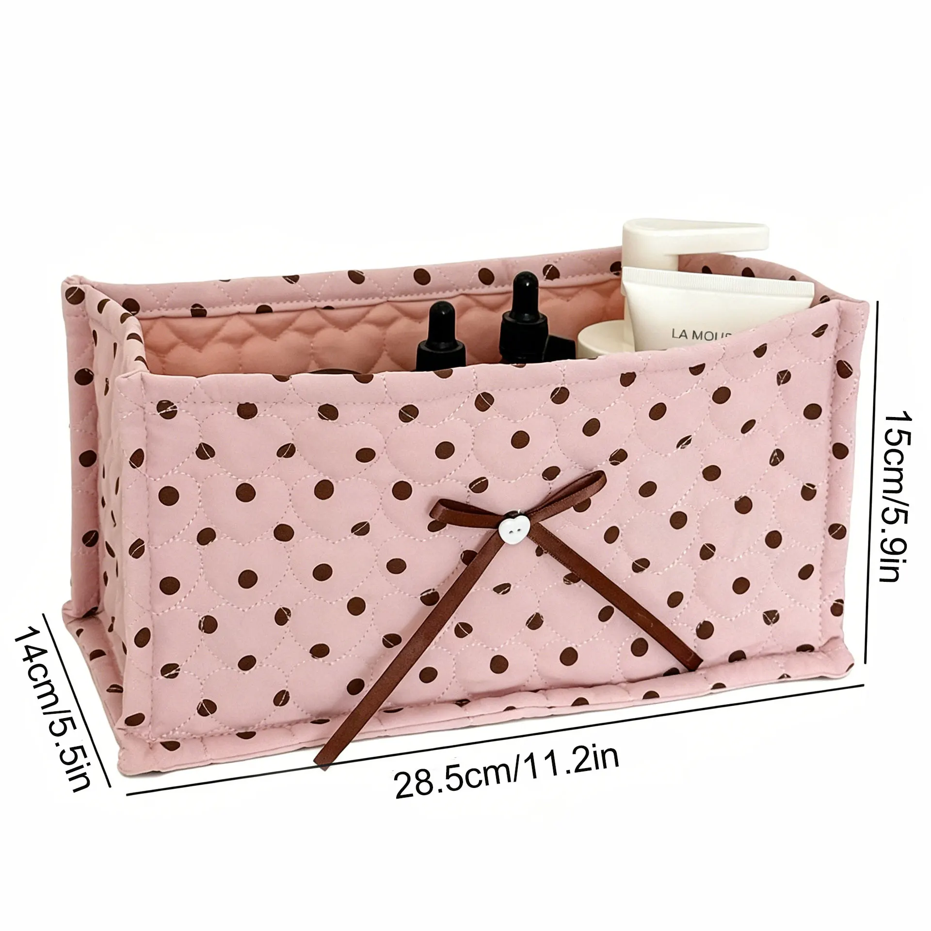 Polka Dot Quilted Fabric Storage Basket Rectangle Desktop Organizer Foldable Cosmetic Sundries Storage Box Home Organization