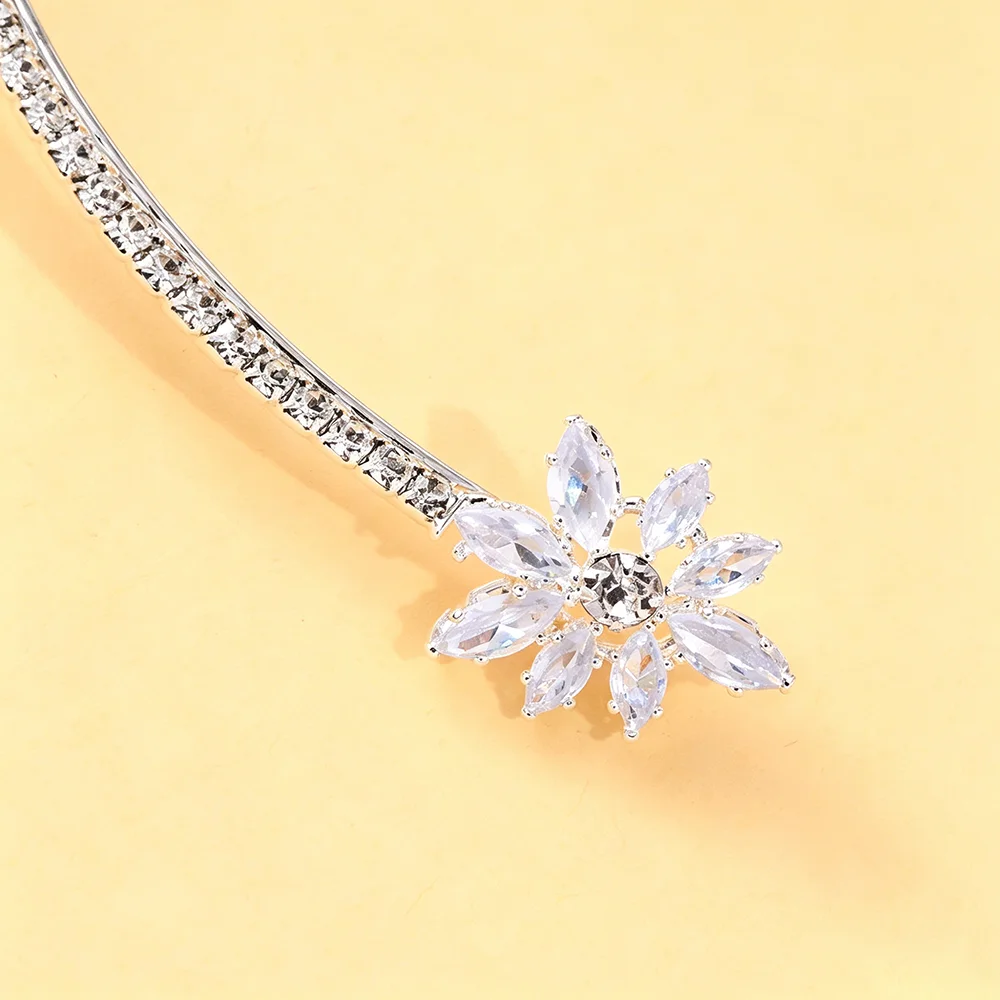 Crystal Rhinestone Flower Choker Necklace Asymmetric Open Collar Sparkling Statement Jewelry for Women Wedding Prom Party Gift